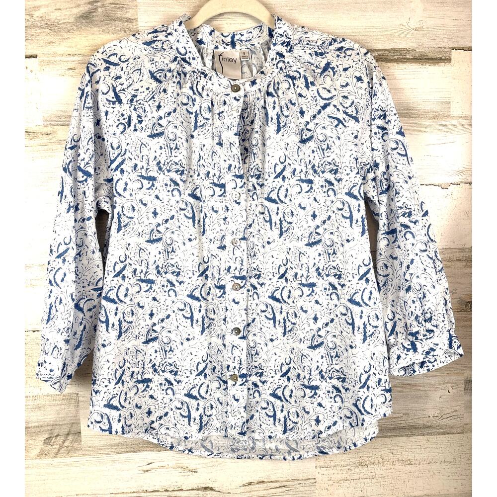 Finley Womens S Blue White Abstract Floral Cotton Button Up Shirt Lightweight